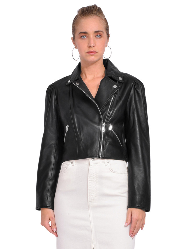 BA&SH Nelio Perfecto Leather Jacket in Noir Front View 