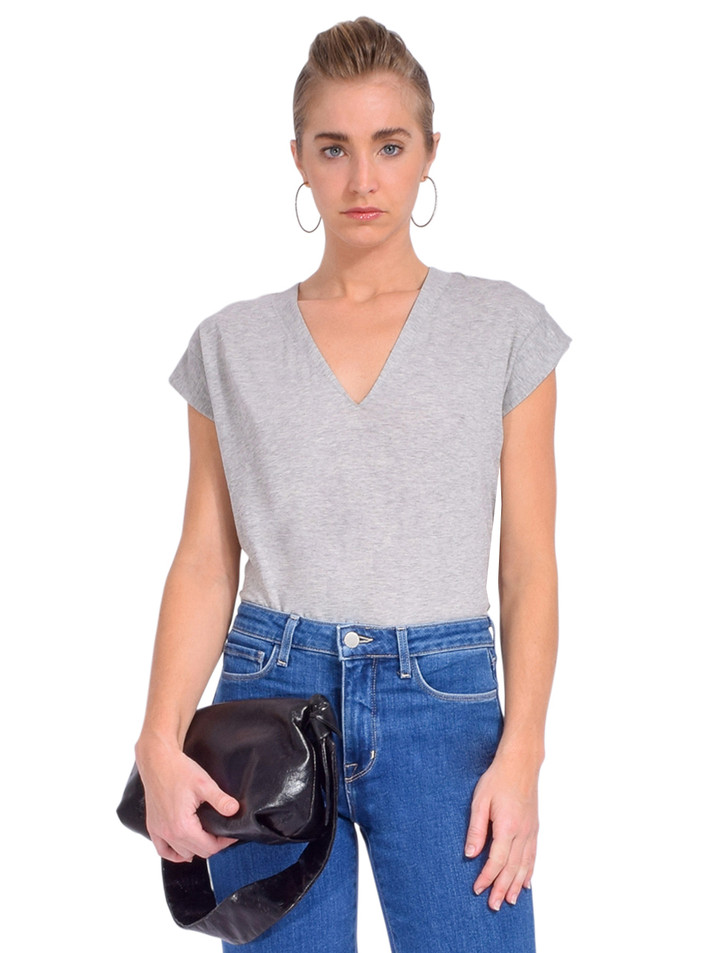 FRAME Le Mid Rise V Neck Tee in Gris Heather Front View 