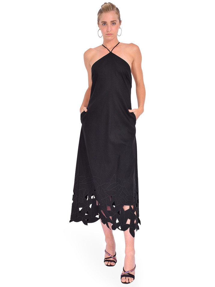 SIMKHAI Simone Abstract Halter Midi Dress in Black Front View 1