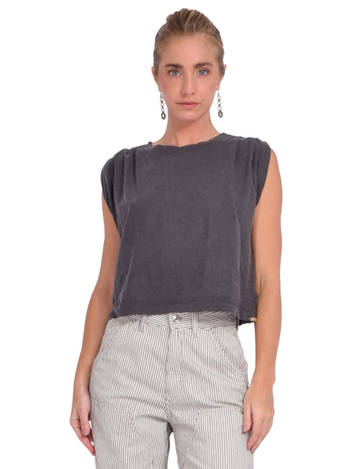 RAGABOND Jackie Pleated Shell Top in Washed Black Front View