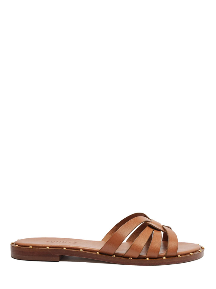 SCHUTZ Phoenix Flat Leather Sandal in Miele Side View 