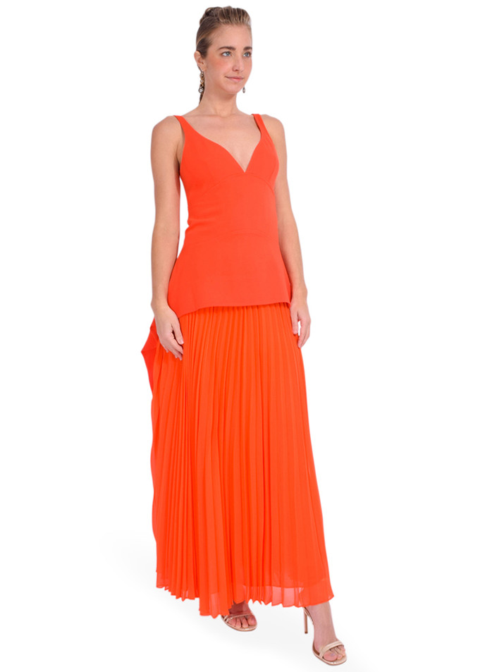 SIMKHAI Sequoia Pleated Combo Sleeveless V-Neck Midi Dress in Flame Side View 