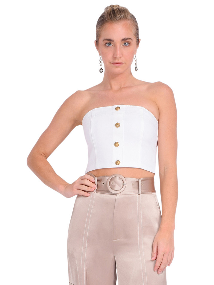 ALICE + OLIVIA Mel Denim Button Up Bustier in Off White Front View