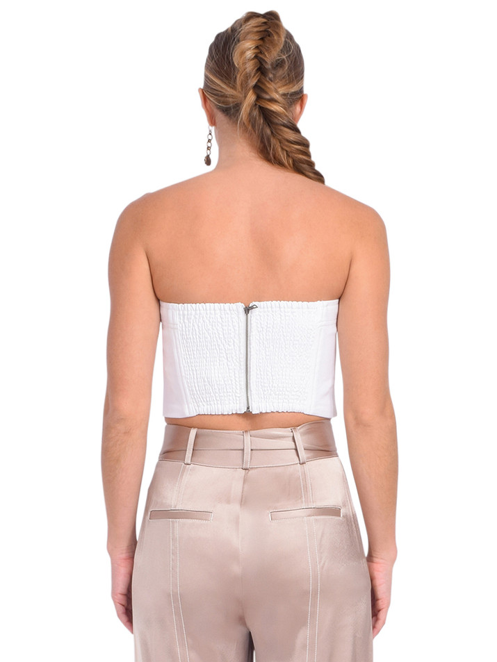 ALICE + OLIVIA Mel Denim Button Up Bustier in Off White Back View 

