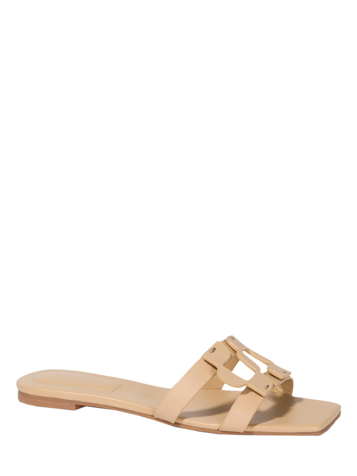 SIMKHAI Simkhai Monogram Flat Slide in Camel Front Side View 
