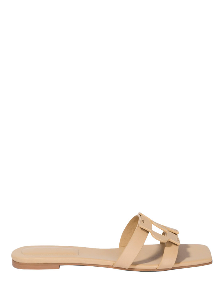 SIMKHAI Simkhai Monogram Flat Slide in Camel Side View 
