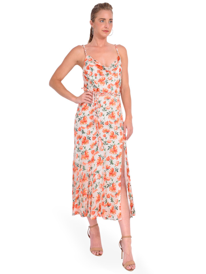 ALICE + OLIVIA Lissa Cowl Neck Godet Midi Dress in Off-White Side View 