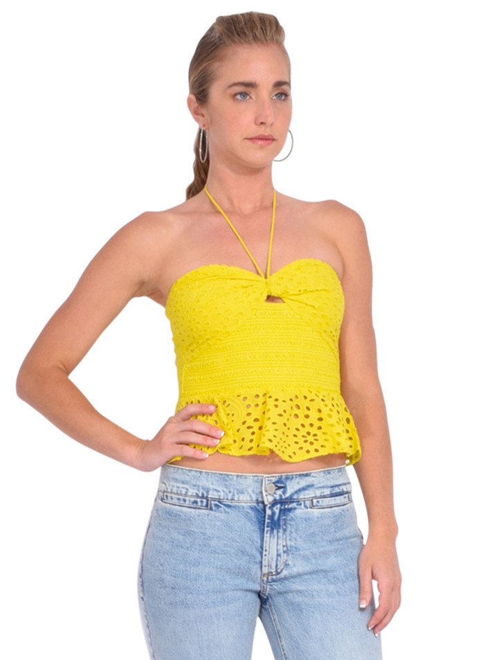 Alice + Olivia Livia Halter Peplum Top in Happy Yellow Side View 