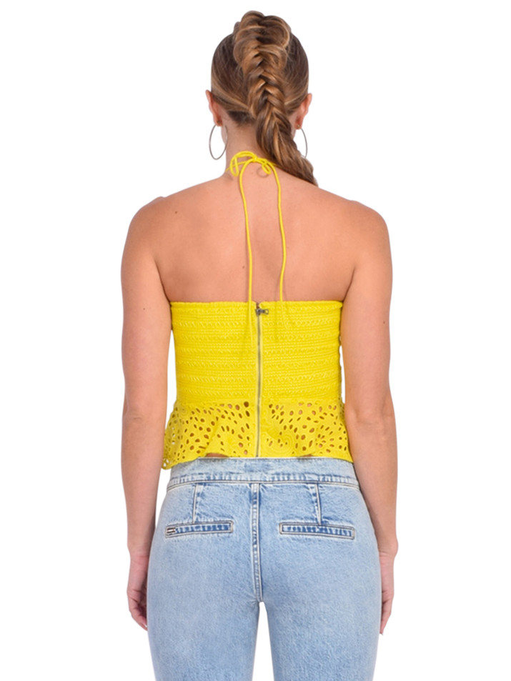 Alice + Olivia Livia Halter Peplum Top in Happy Yellow Back View 