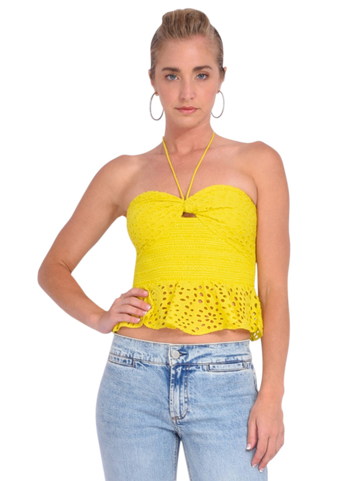 Alice + Olivia Livia Halter Peplum Top in Happy Yellow Front View 