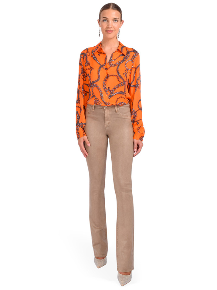 L'Agence Nina Button-front Silk Blouse In Orange Buckle Chain Full Outfit 
