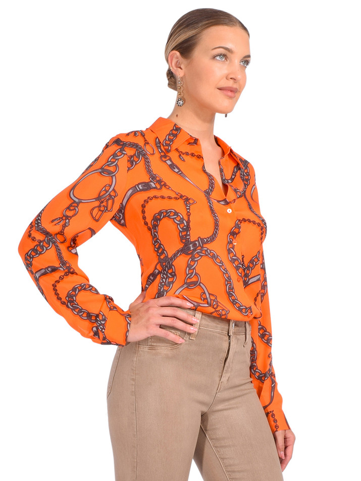 L'Agence Nina Button-front Silk Blouse In Orange Buckle Chain Side View 