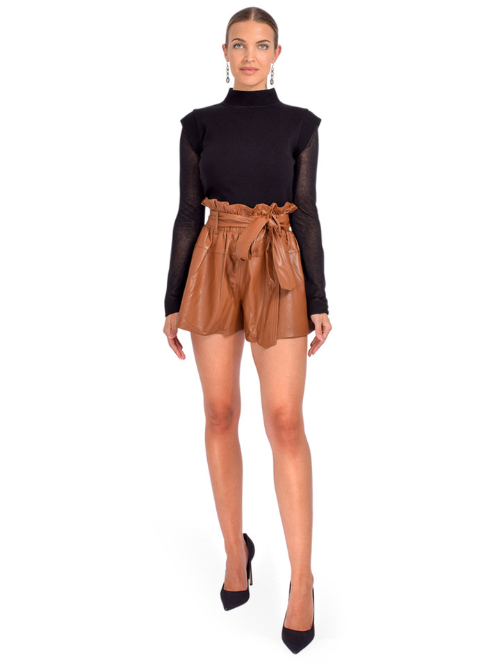 Karina Grimaldi Vegan Leather Juana Shorts in Intense Rust Full Outfit 