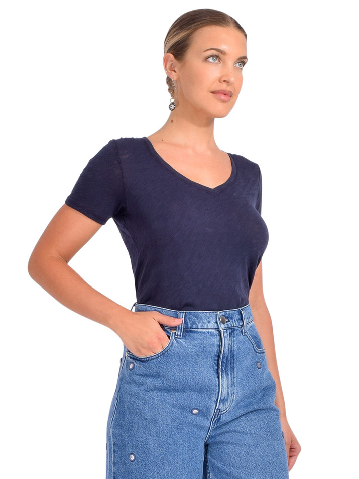 ATM Slub Jersey V-Neck Tee in Midnight Side View 
