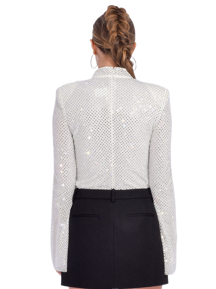 Self-Portrait Silver Rhinestone Fishnet Top Back View 