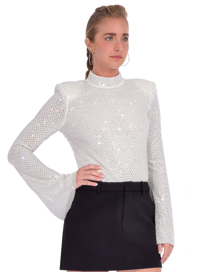 Self-Portrait Silver Rhinestone Fishnet Top Side View 