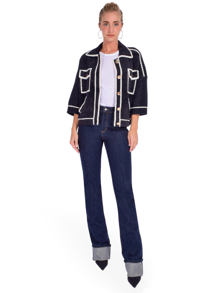 SER.O.YA Ashton High Rise Slim Flare Jean in Rinse Blue Full Outfit 