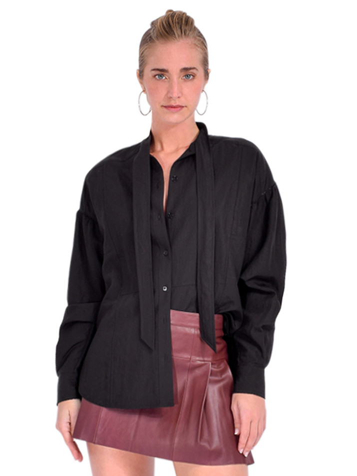 3.1 Phillip Lim Long Sleeve Tie Neck Blouse in Black Front View 