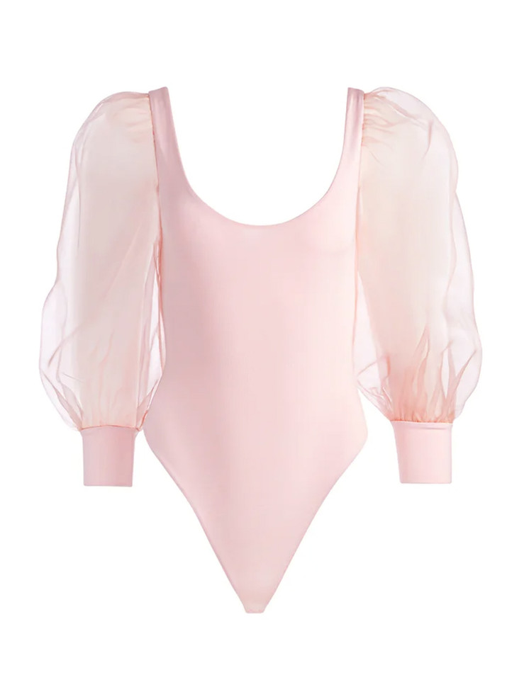 Alice + Olivia Jillianne Scoop Neck Puff Sleeve Bodysuit In Pearl Pink Product Shot
