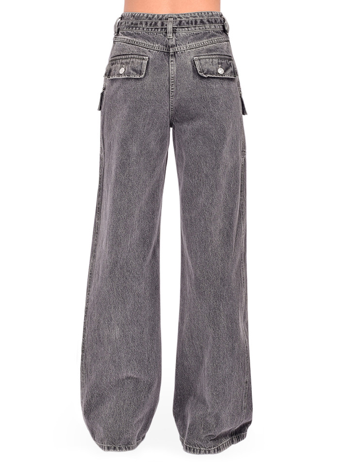 3.1 Phillip Lim Cargo Wide Leg Belted Jeans in Gray Back View 

