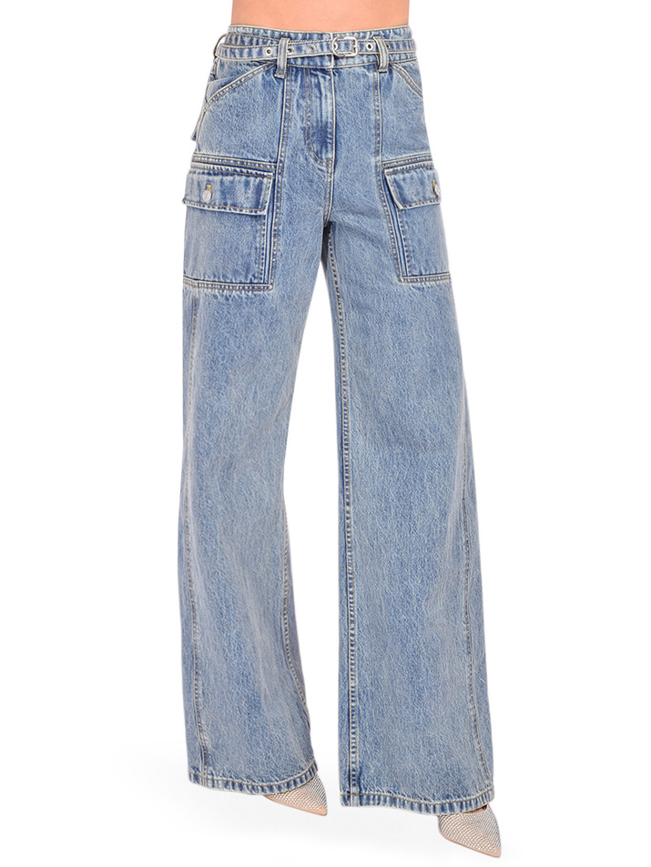 3.1 Phillip Lim Cargo Wide Leg Belted Jeans in Indigo Side View 