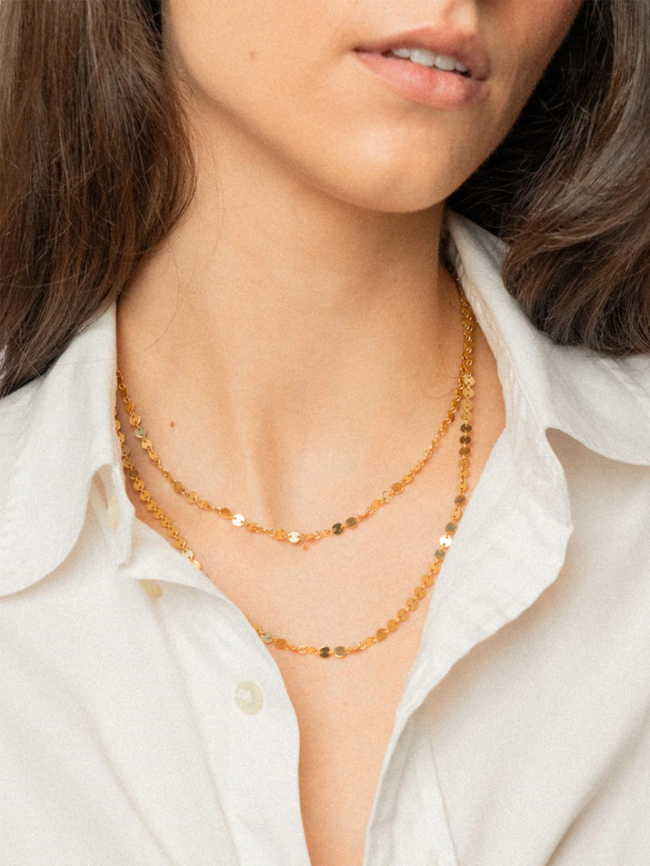 KENDA KIST JEWELRY Mykonos Long Layer Necklace in Gold on Model