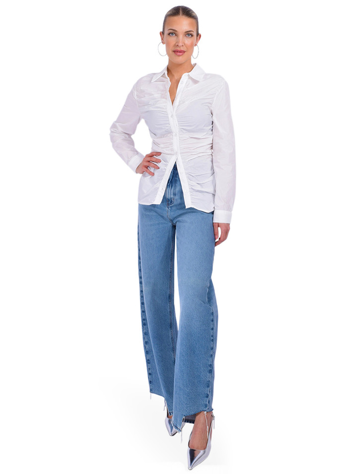 THEO Theia Crushed Taffeta Shirt in White Full Outfit 