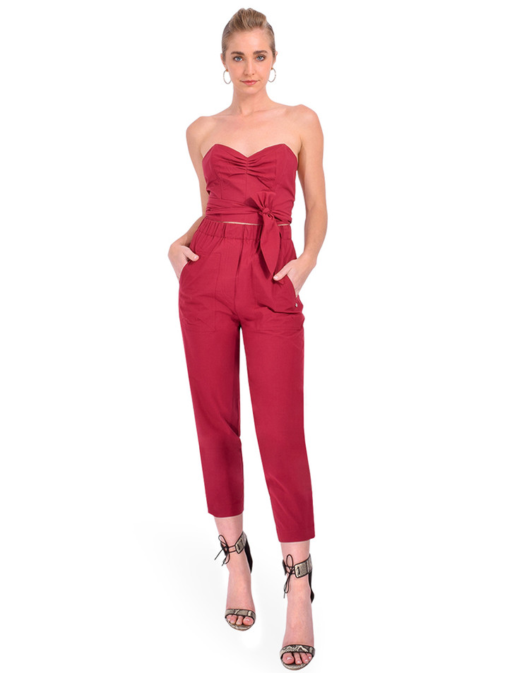 OTTOD'AME Poplin Bustier Wrap Top in Red Full Outfit 