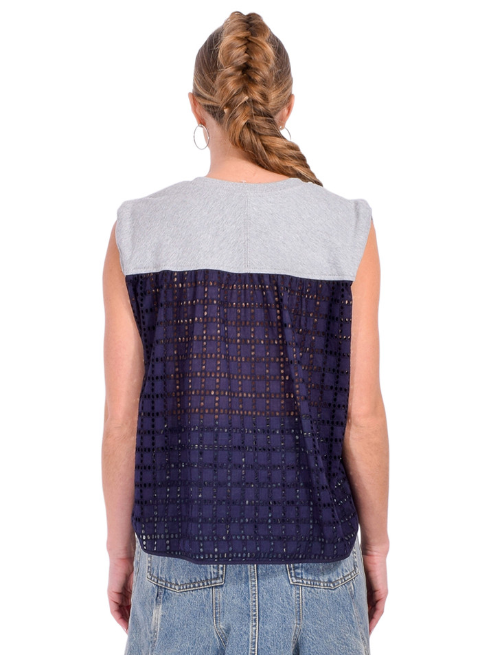 3.1 Phillip Lim French Terry Top with Broiderie Anglaise Combo in Gray/Navy Back View 

