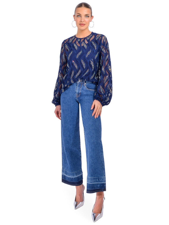 Essentiel Antwerp Hanover Lace Embellished Top in Dark Sapphire Full Outfit 