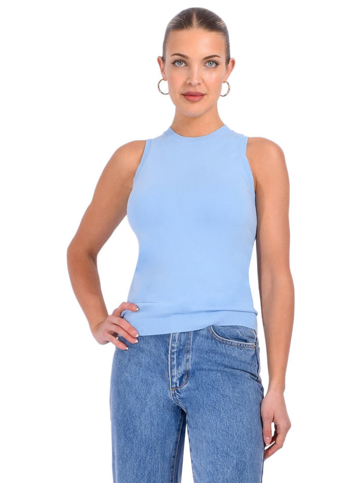 Minnie Rose Cameo Viscose Crew Tank in Blue Front View 