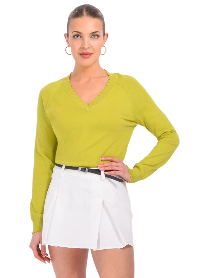 Minnie Rose Cotton Cashmere Frayed Edge V in Green Front View 