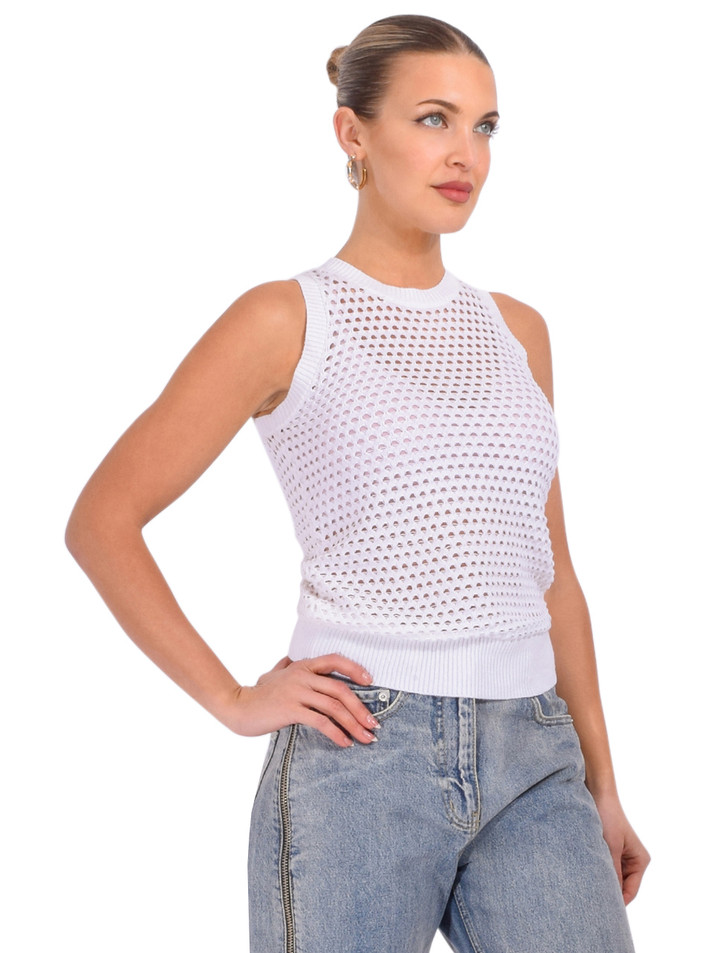 Minnie Rose Cotton Cashmere Plaited Mesh Crew Tank in White Side View 

