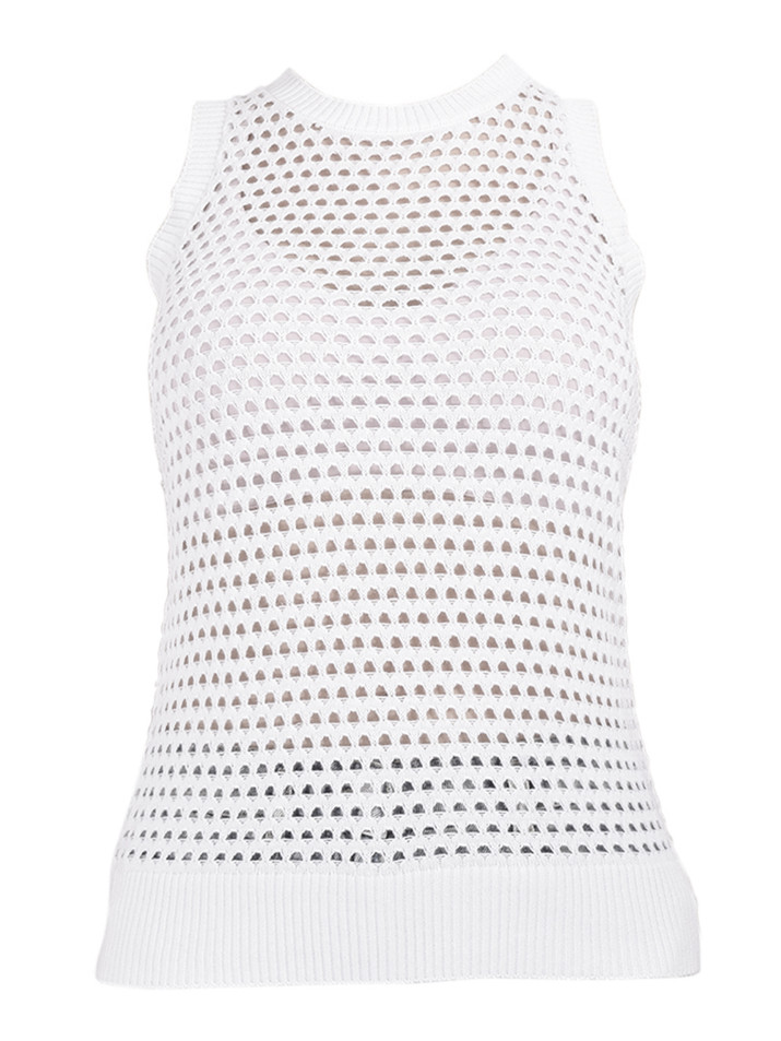Minnie Rose Cotton Cashmere Plaited Mesh Crew Tank in White Product Shot 