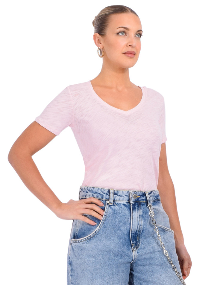 ATM Slub Jersey Classic Short Sleeve V-Neck Tee in Pink Camelia Side View 
