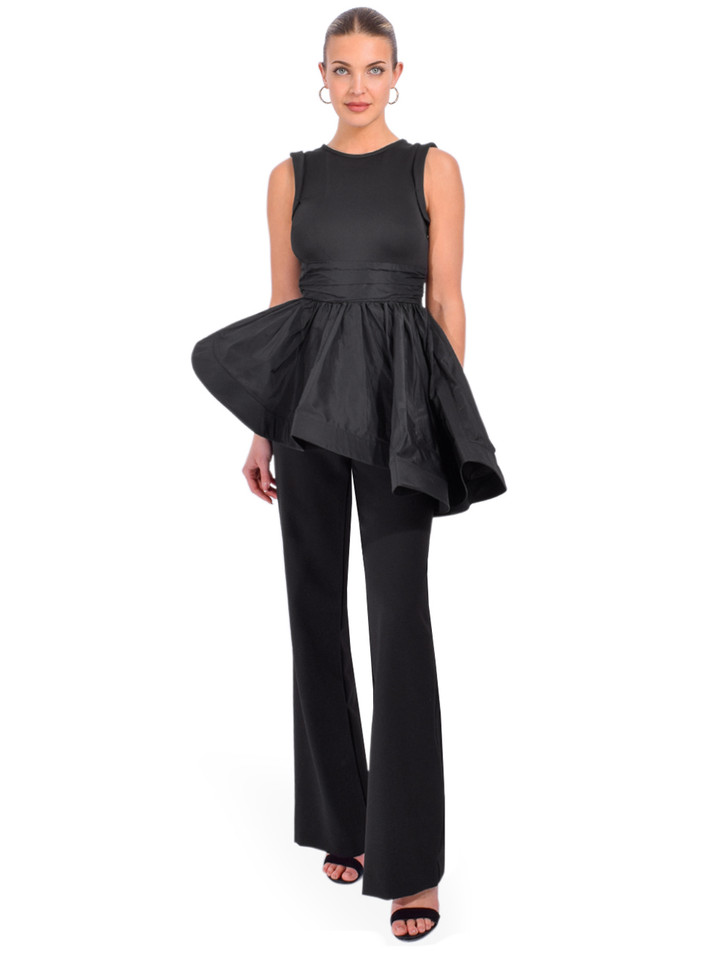 THEO Theia Peplum Mix-Media Top in Black Full Outfit 