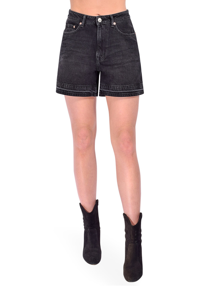 BELLEROSE Pactol Denim Shorts in Used Black Front View