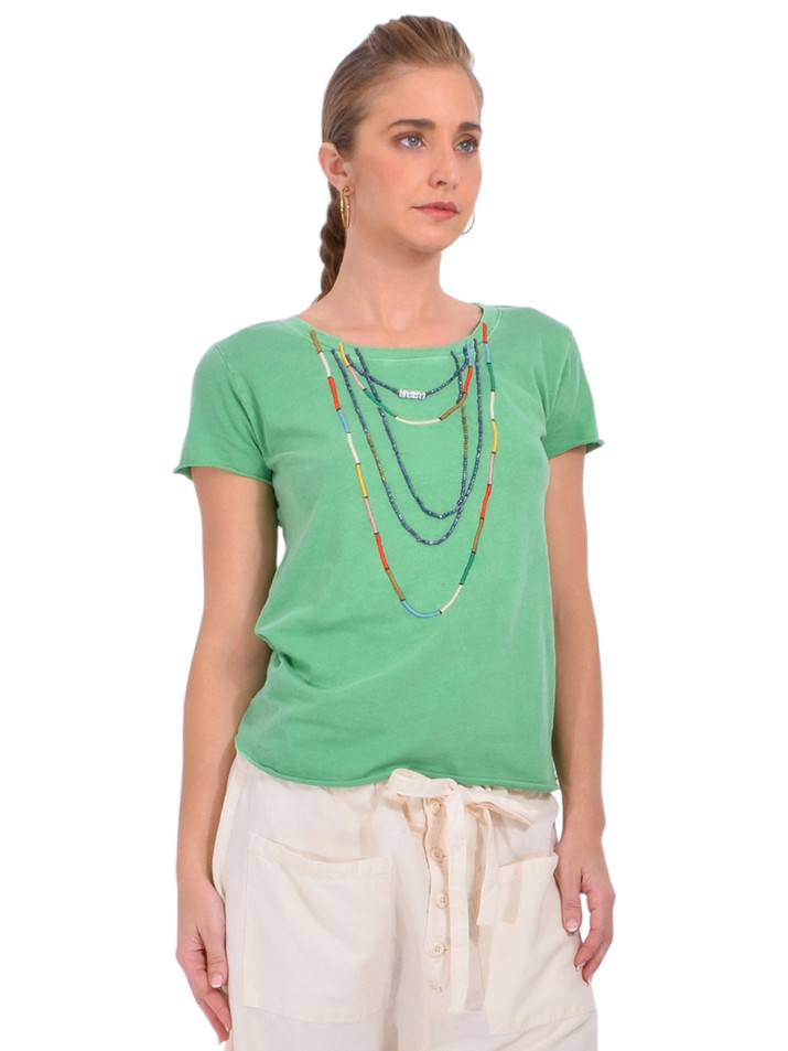 LEON & HARPER Toro Beads T-Shirt in Green Side View 

