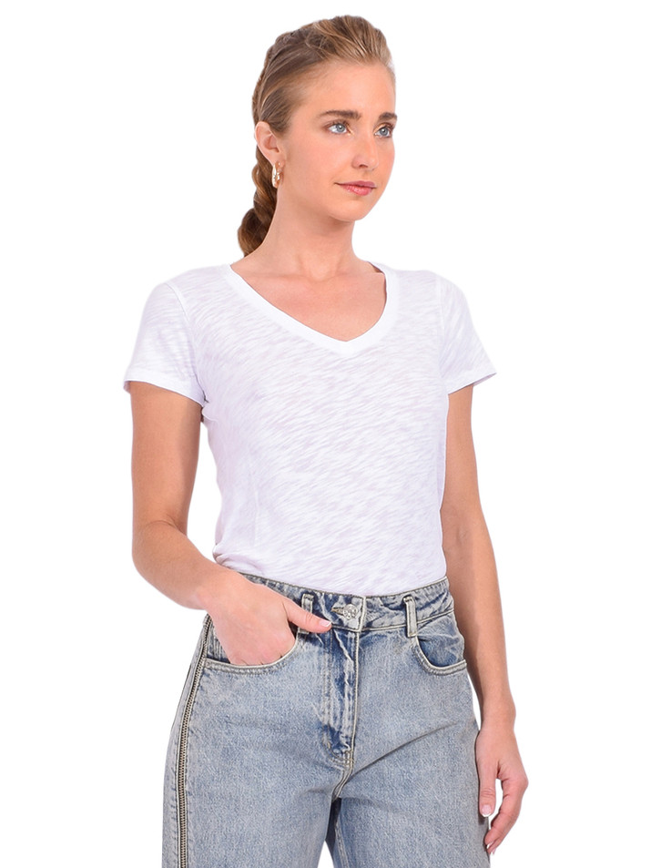 ATM Slub Jersey Schoolboy V-Neck Tee in White Side View 