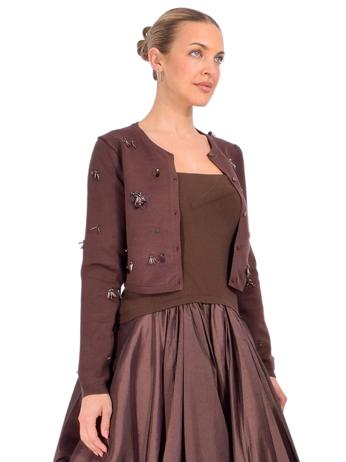 SIMKHAI Zadie Embellished Cropped Cardigan in Cocoa Side View 