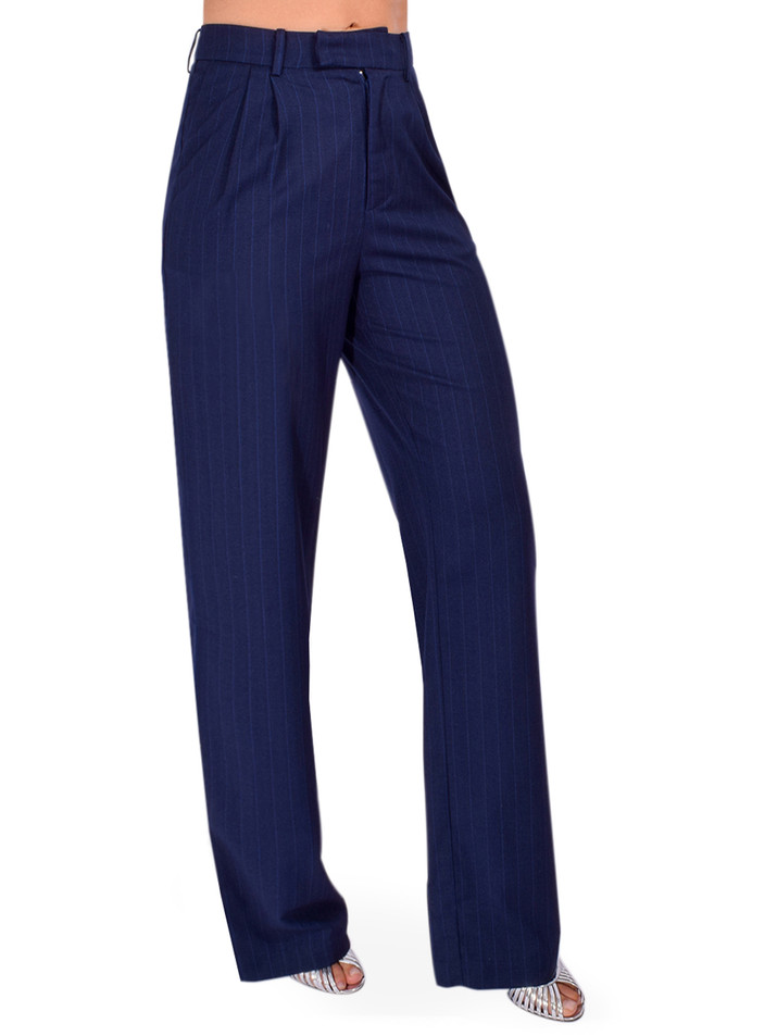 KARINA GRIMALDI Zoe Pinstripe Pants in Navy Side View 
