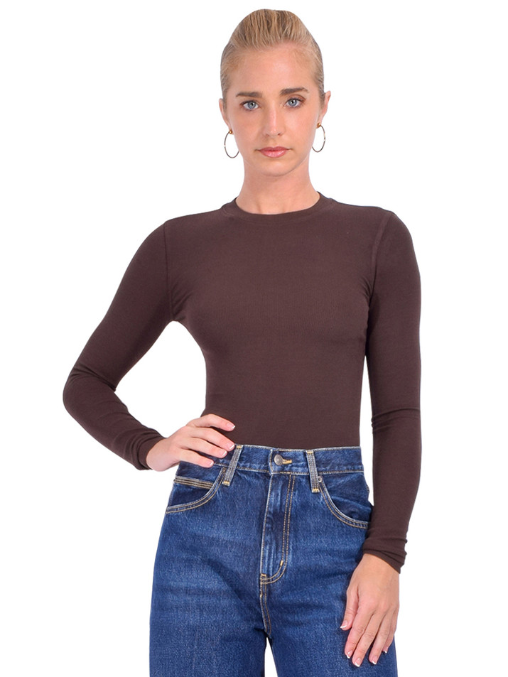 FRAME Rib Crewneck Long-Sleeve T-Shirt in Coffee Front View 