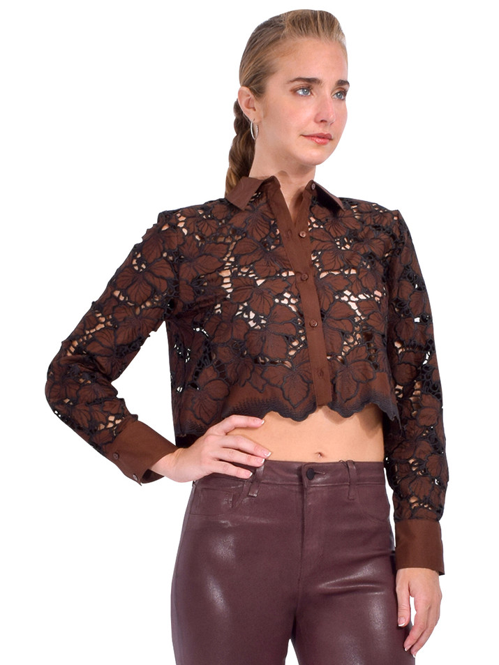 L'AGENCE Seychelle Cropped Eyelet Blouse in Hot Fudge/ Black