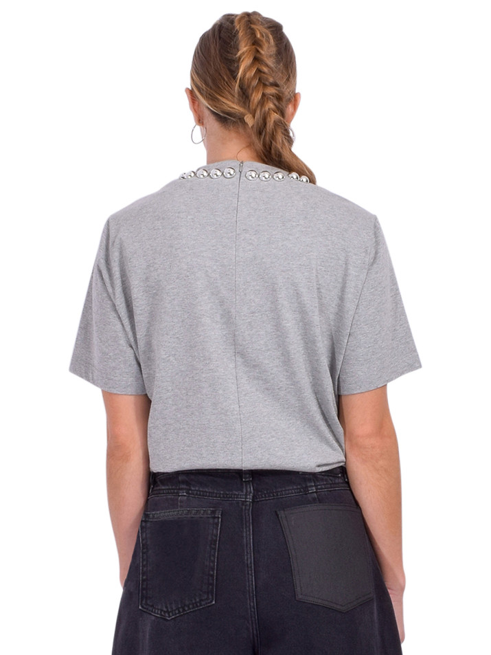 Essentiel Antwerp Intenso T-shirt with Metallic Pearl-Style Embellishments in Shadow Back View 