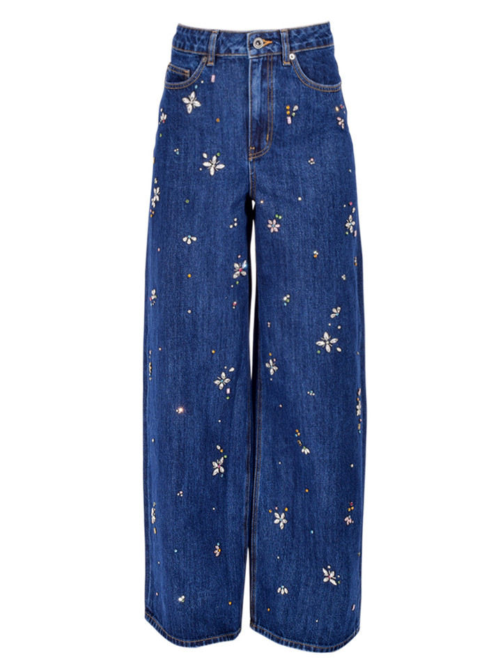 SELF-PORTRAIT Embellished Wide Leg Jean in Blue Product Shot 
