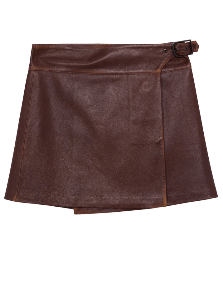 SIMKHAI Madeline Leather Mini Skirt in Distressed Chocolate Product Shot 