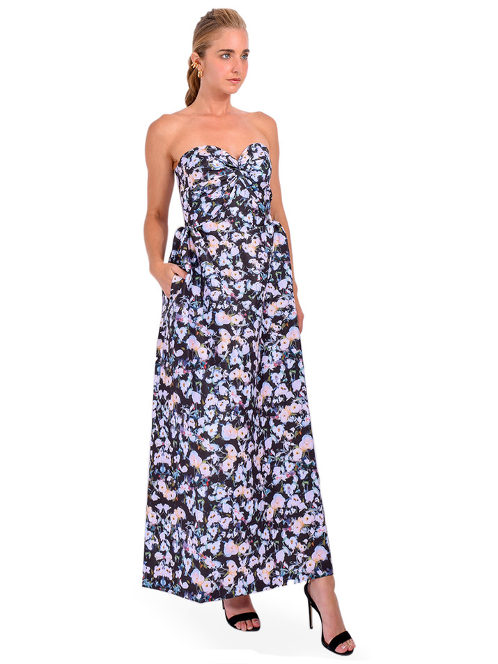  KIKA VARGAS Taffeta Strapless Midi Dress in Black Rose Pansy Side View 