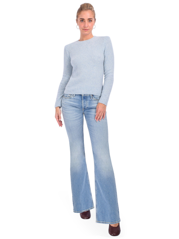 Minnie Rose Luxe Boucle Power Shoulder Crewneck Sweater in Sky Blue Full Outfit 


