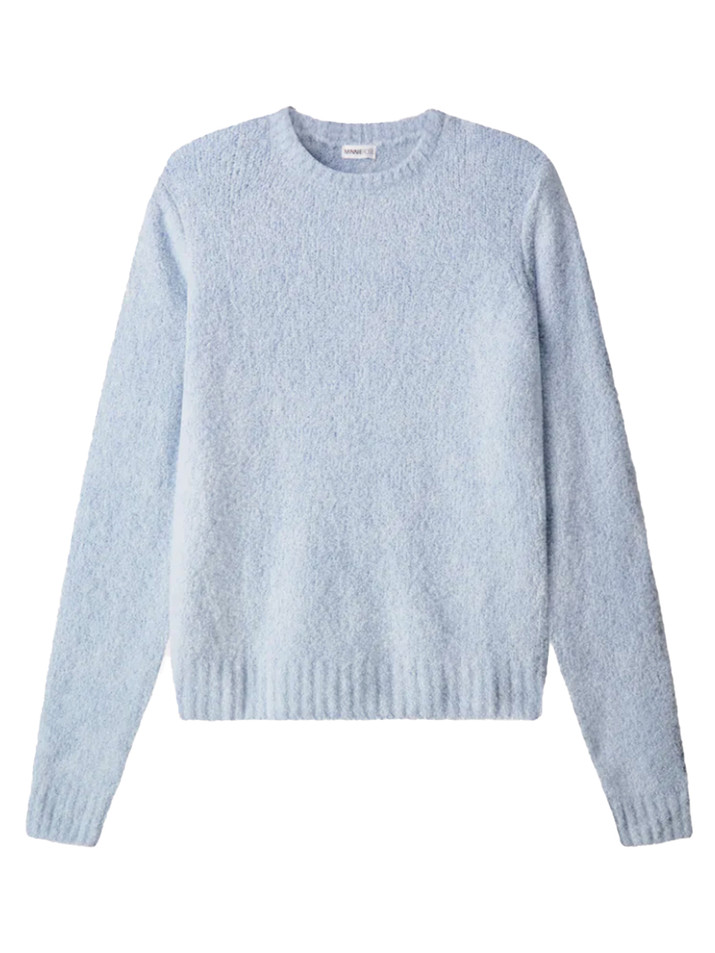 Minnie Rose Luxe Boucle Power Shoulder Crewneck Sweater in Sky Blue Product Shot 

