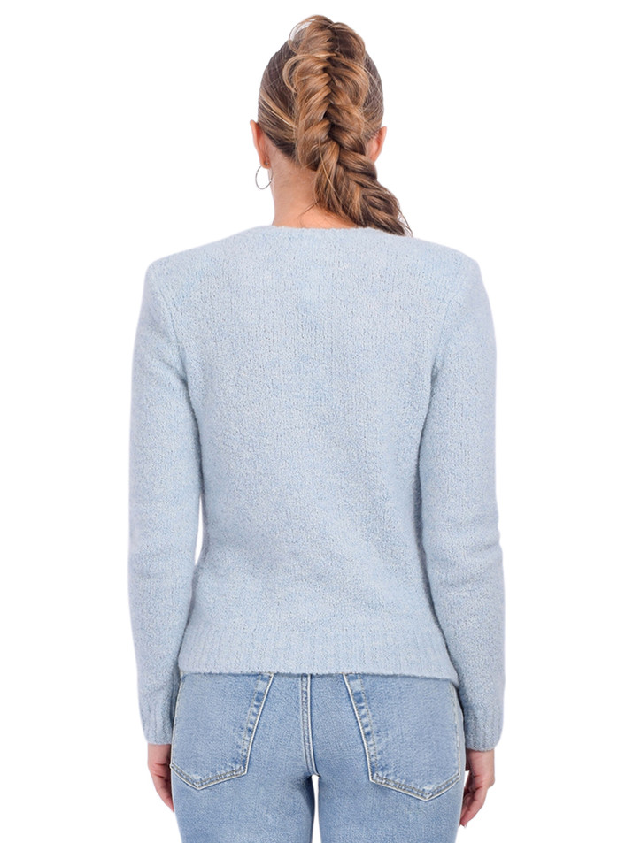 Minnie Rose Luxe Boucle Power Shoulder Crewneck Sweater in Sky Blue Back View 

